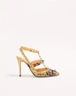 Valentino Rockstud Pumps With Straps In Jacquard Apres L’Hiver Fabric With Crystals 100Mm